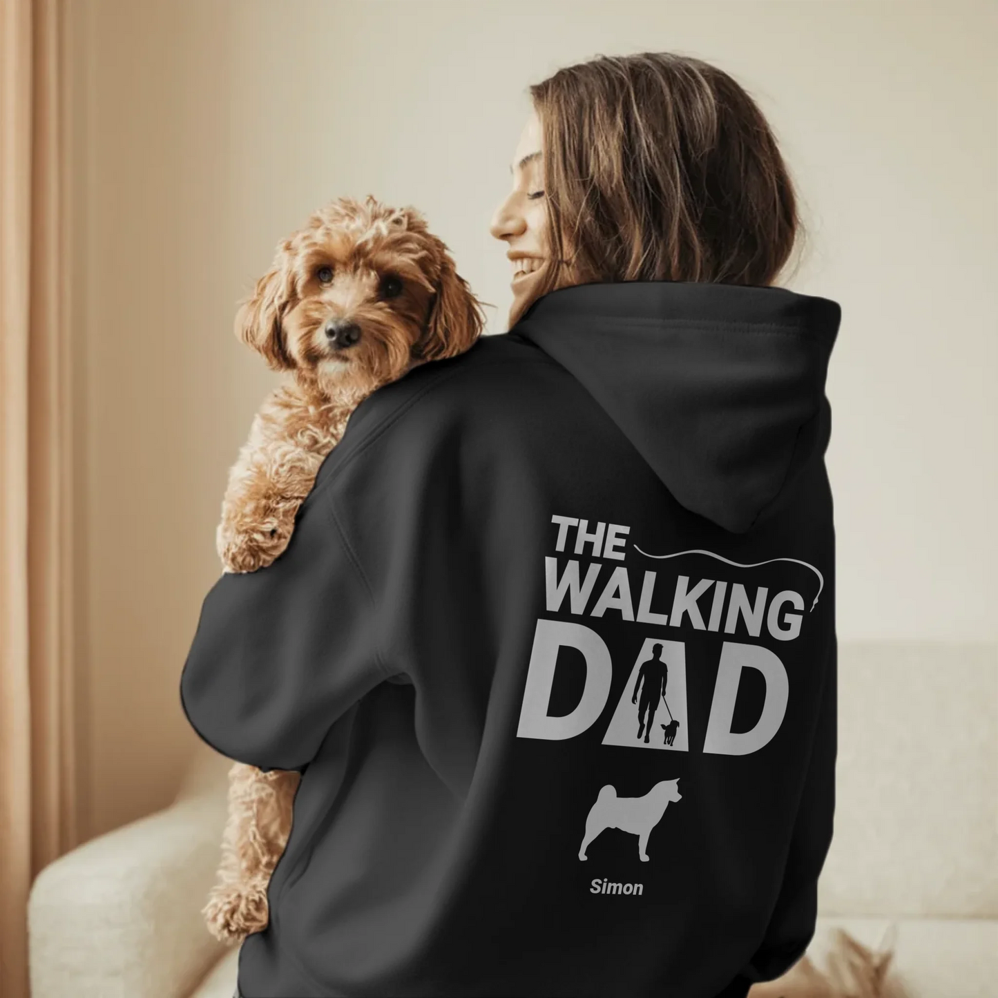 Woman in Living Room Holding Dog - Black